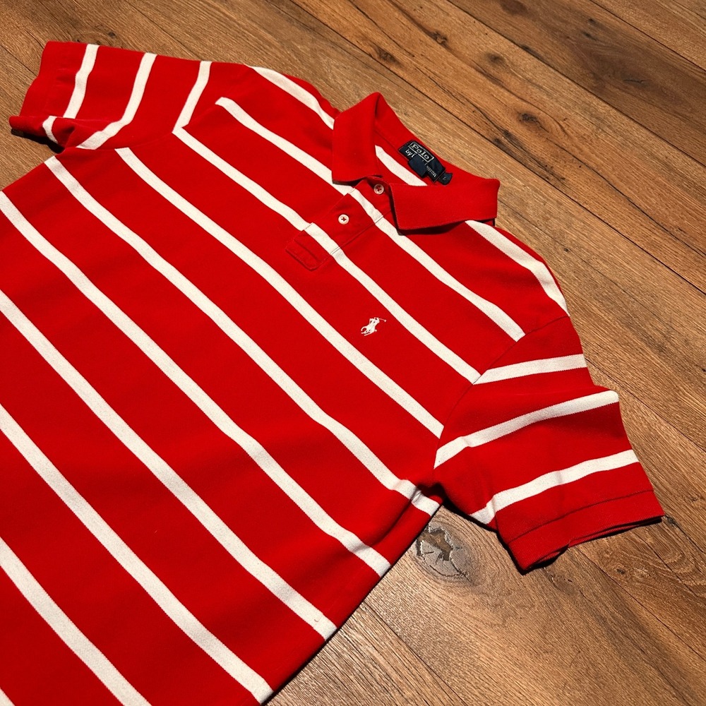 Vintage Polo Ralph Lauren Red White Striped Polo Shirt Mens Large